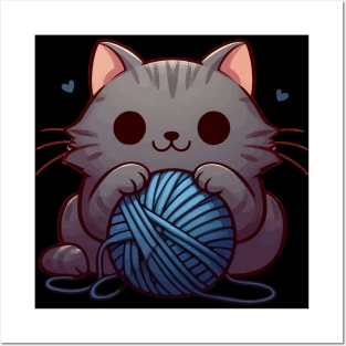 Kawaii Cute Cat With Yarn Ball Posters and Art